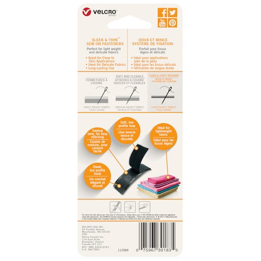 12 Pack: VELCRO® Brand Sleek & Thin™ Black Sew On Fastener Roll